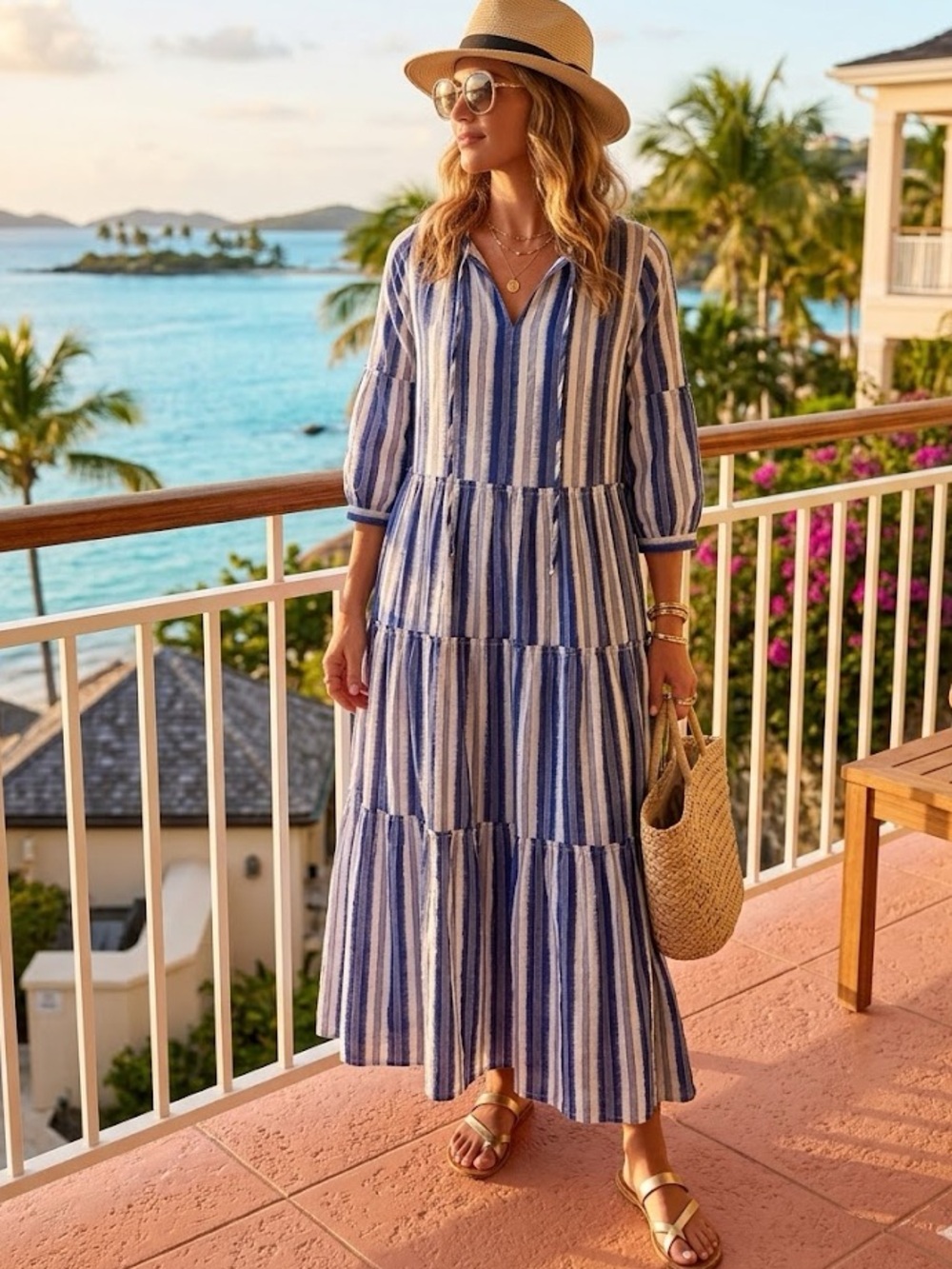 Kleed Kimonos Blue & White Ikat Stripe Tiered Maxi Dress - Size Small/Medium